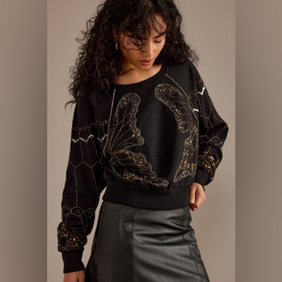 By Anthropologie Sweaters - By Anthropologie Black & Golden Sequins Butterfly Sweatshirt NWOT